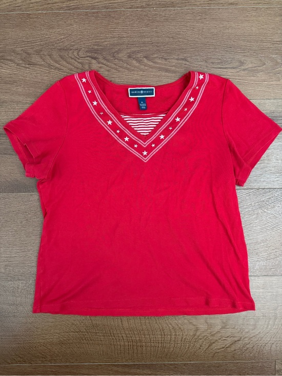 Karen Scott Tops - Karen Scott Red V-Neck Short Sleeve Tee with Star Trim